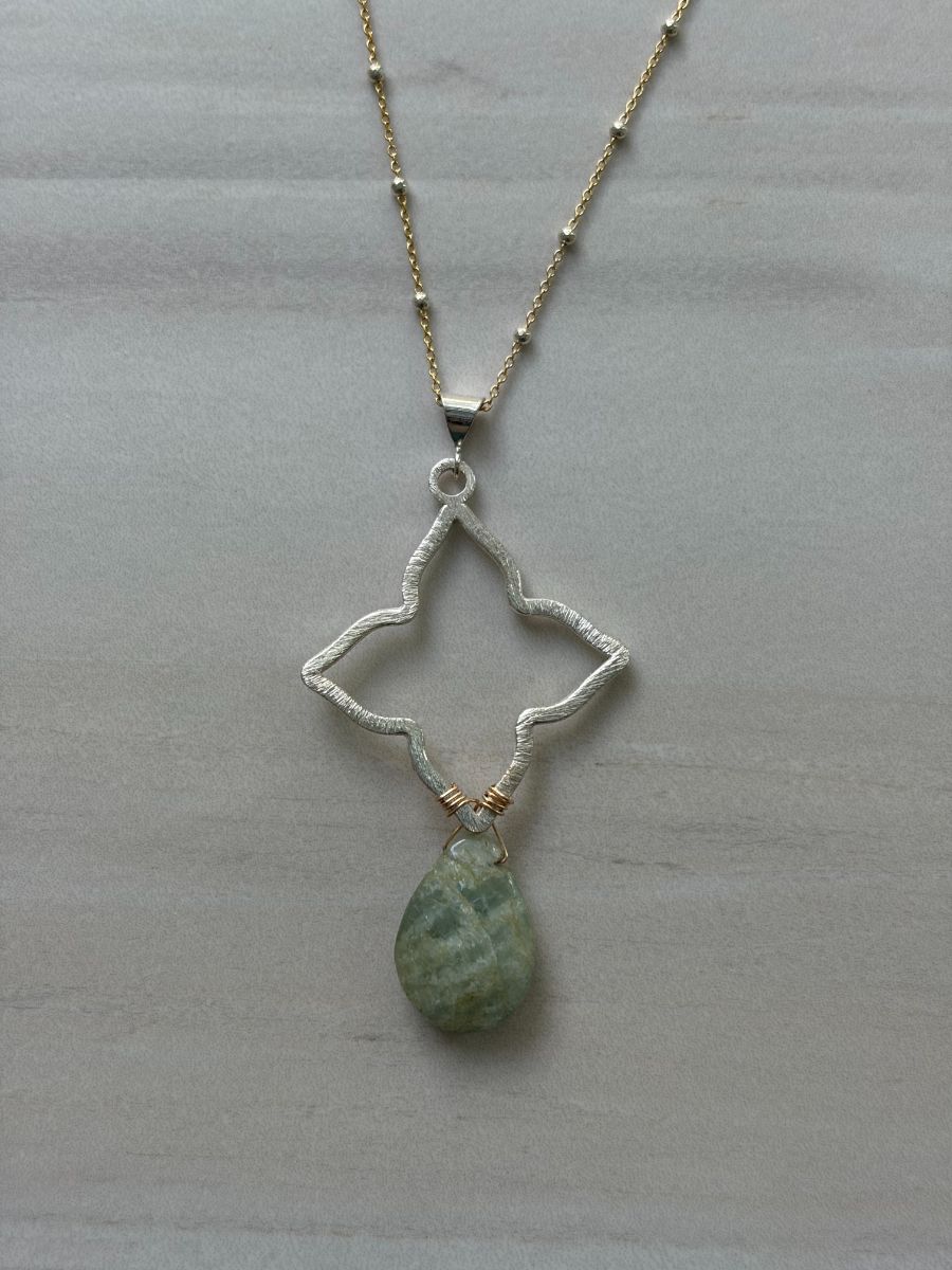Amazonite & Gold Filled Necklace with Silver Quatrefoil Pendant